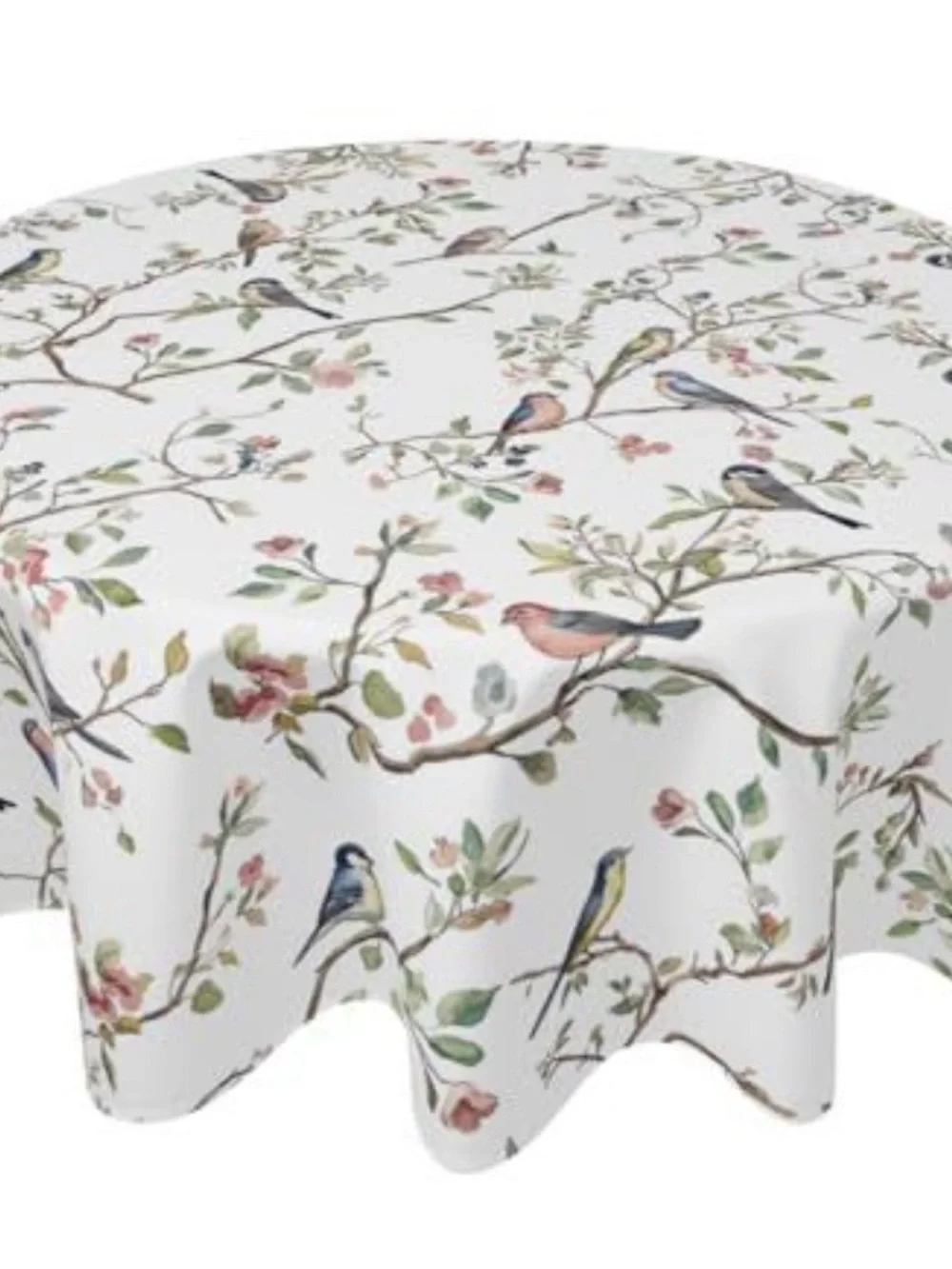 White Floral & Bird Print Round Tablecloth